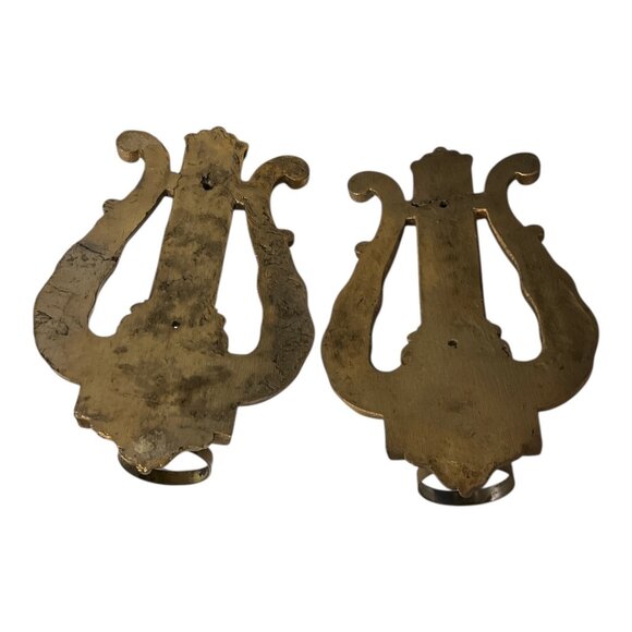 Vintage Lyre Wall Candle Sconces Set of 2 Neoclassical Gold Tone Decor - Picture 2 of 2